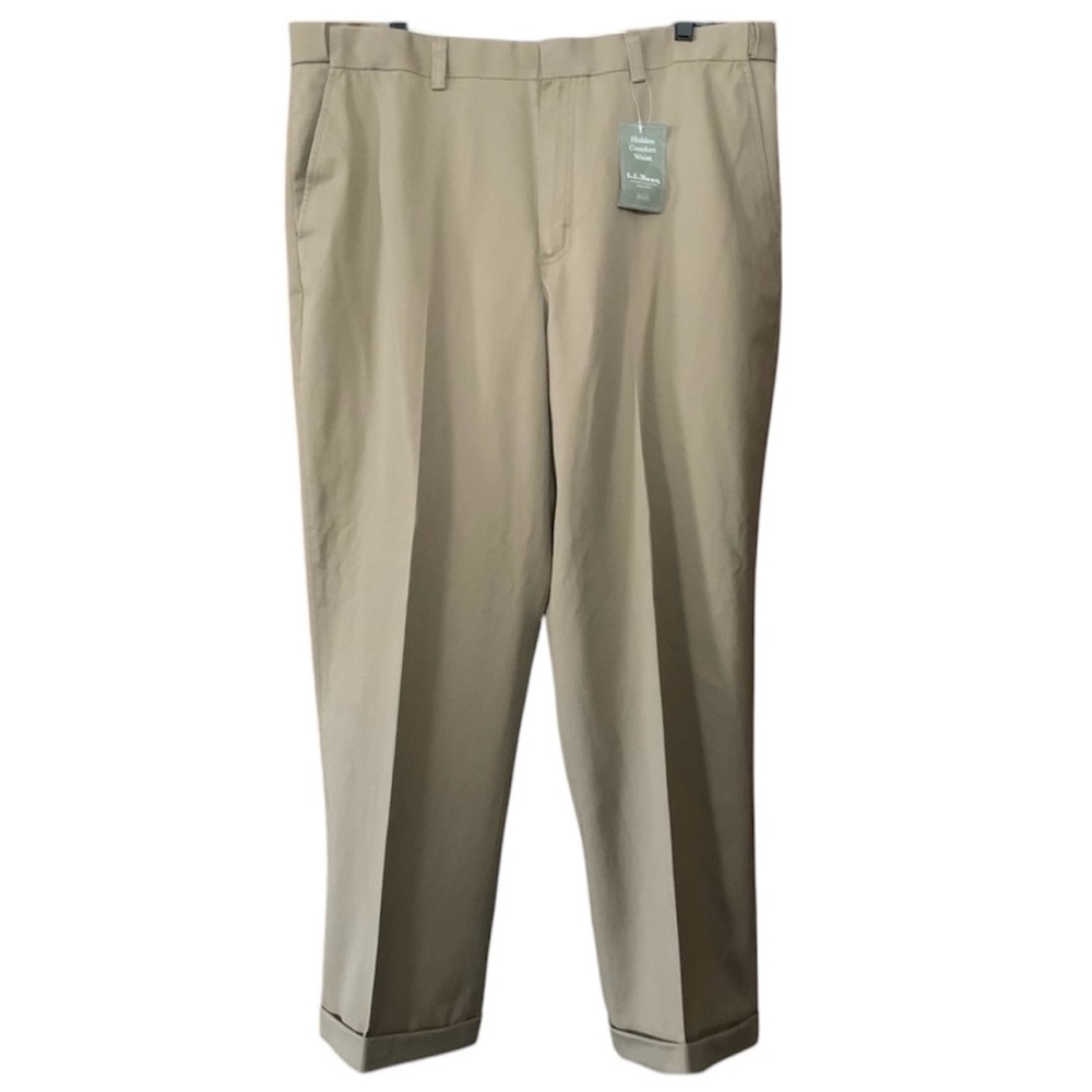 LL BEAN Dress Pants Hidden Comfort Waist Beige Tan Cuffed Hem Size Mens 38 New